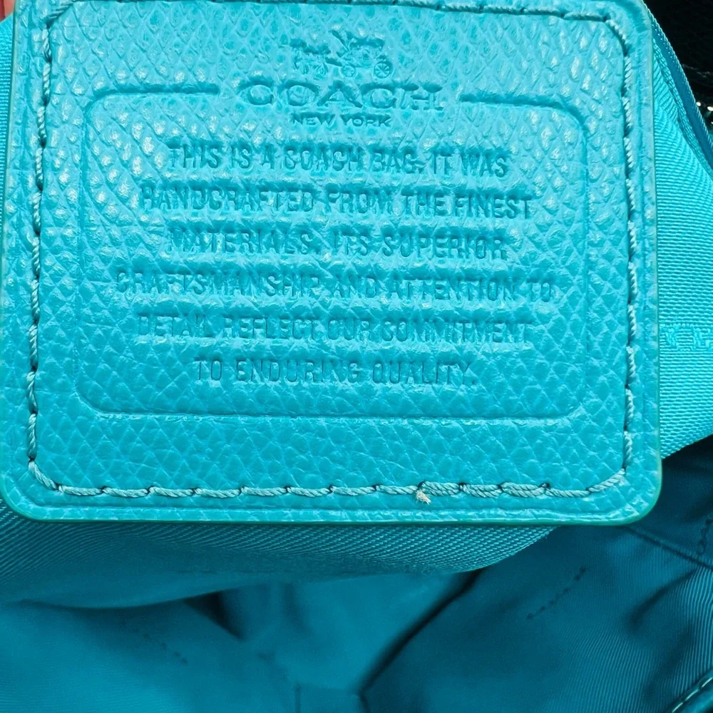 Coach Black and Turquoise All Leather Tote - White Accents & Silver Hardware